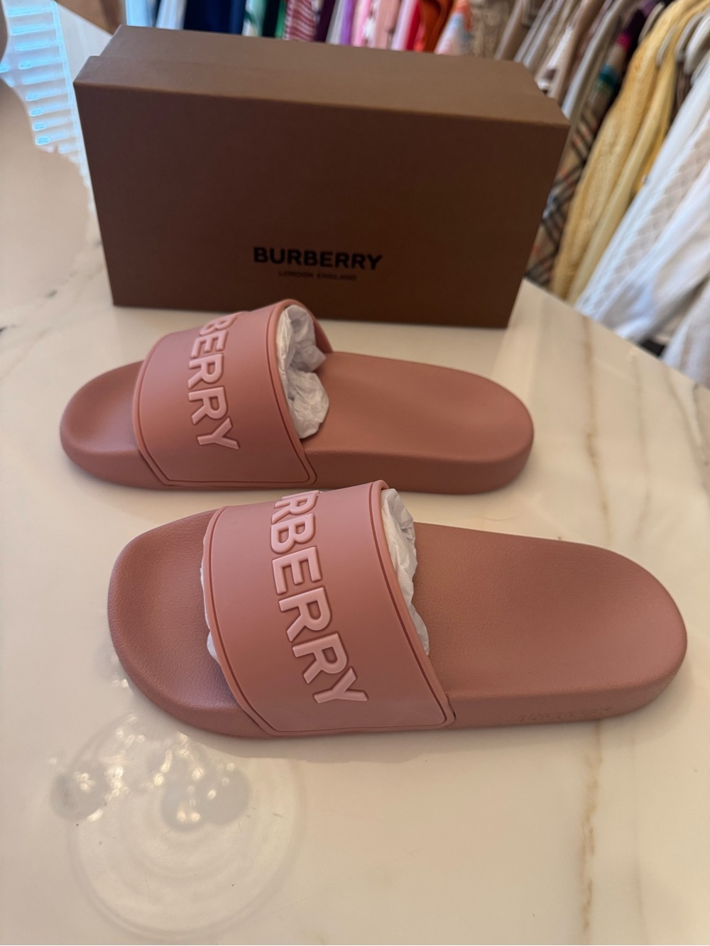 Burberry Rose-Pink Embossed Logo Slide Sandals - Picture 4 of 5